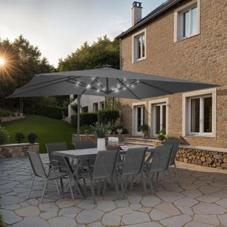 IDMarket Parasol Basculante Giratorio 360&deg; Calvi Led Gris 3x4 M Off-set Con 4 Paneles Y Cubierta