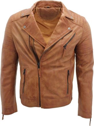 Infinity Mens Tan Slim Fit Cross Zip Vintage Brando Leather Biker Jacket 2XL