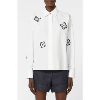Max Mara Shock Embroidered Long Sleeve Button-Up Shirt in Optical White at Nordstrom, Size 12