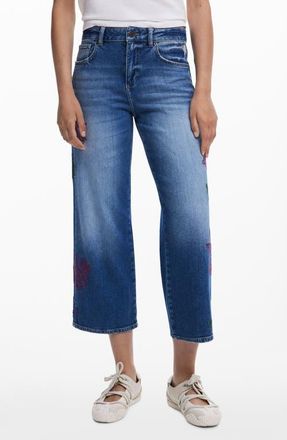 Desigual Leaf Embroidered Crop Wide Leg Jeans in Medium Blue at Nordstrom, Size 40