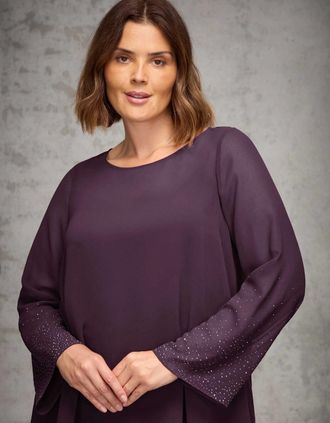 Live Unlimited London Womens Plum Sheer Embellished Sleeve Layered Tunic - Purple - Size: 26