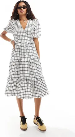 Monki wrap midi smock dress with tiered hem in white and black pane check-Multi