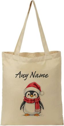 Unigift Personalised Gift - Red Hat Penguin Tote Shopping Bag (Animal Design) Any Name Message Unique - Cute Illustration Christmas Artwork