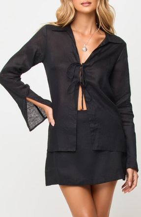 L*Space Venice Tie Front Linen Cover-Up Shirt in Black at Nordstrom, Size X-Large