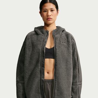 Nike Womens SKIMS Sherpa Oversized Full-Zip Hooded Jacket in Grey | IV6649-080