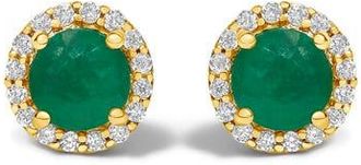 House of Brilliance 10K Gold Gemstone and 1/6 Cttw Diamond Halo Stud Earring in Yellow | Green Emerald at Nordstrom