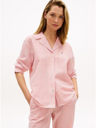 Tommy Hilfiger Womens Stripe Seersucker Sleep Shirt - Red - XL