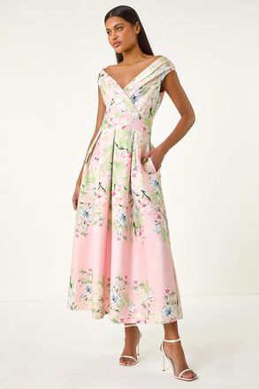 Roman Floral Print Bardot Midi Stretch Dress