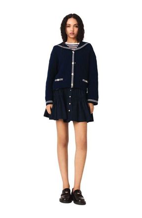 Maje Boat neck cable-knit cardigan in Navy at Nordstrom, Size X-Small