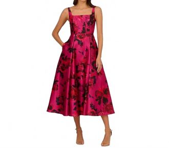 Adrianna Papell Rose Jacquard Thin Strap Square Neck Midi Dress In Pink