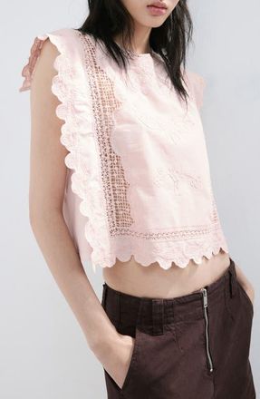 Mango Embroidered Scalloped Trim Crop Cotton Blend Top in Pastel Pink at Nordstrom, Size X-Small