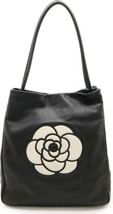 Chanel Camellia Black White Leather Shoulder Bag Tote Bag (Pre-Owned)