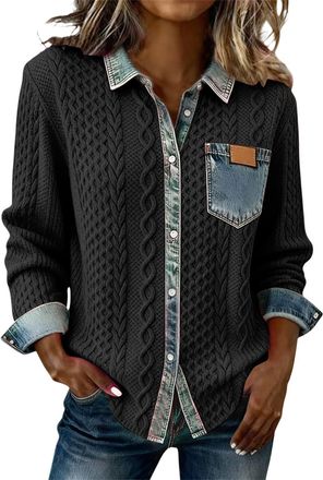 Generic Denim Sweater for Women Collar Button Up Patchwork Denim Pullover Shirt Vintage Waffle Knit Jean Sweater Casual Wear Blouses Casual Long Sleeve Jumper