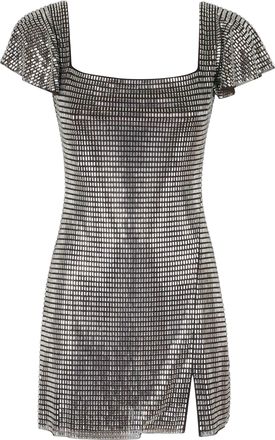 Self Portrait Gray Rhinestone-Embellished Mesh Ruffled Mini Dress