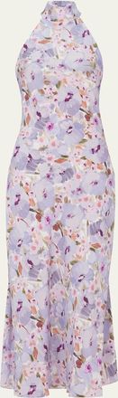 Balmain Floral-Print Silk Cowl Backless Midi Dress