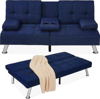 Best Choice Products Modern Linen Convertible Futon Sofa Bed w/ Removable Armrests, Metal Legs, Cupholders