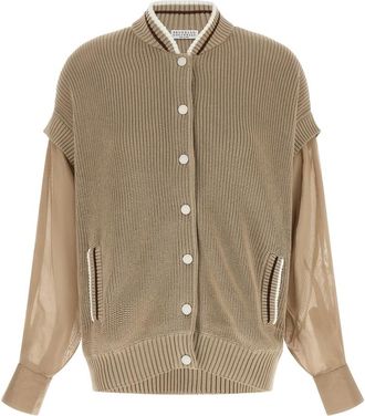 Brunello Cucinelli Beige Knitted Mock Collar Cardigan