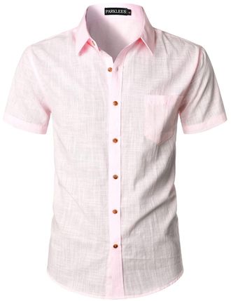 PARKLEES Mens Fitted Cotton Linen Casual Short Sleeve Button Up Shirts Lightweight Beach Tops with Pocket EU-PZLSC34-Pink XXX-Large