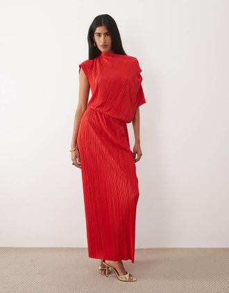 Asos Vestito midi pliss&eacute; rossi con vita drappeggiata-Rosso