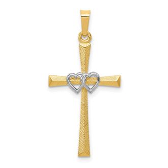 Diamond2Deal 14k Two-tone Gold Textured and Polished Latin Cross Hearts Pendant