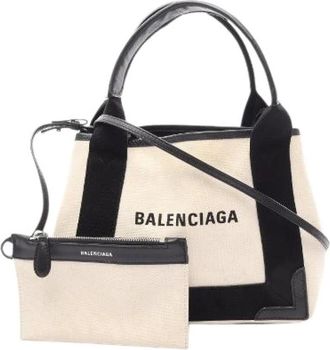 Balenciaga Pre-owned Navy Cabas 2way Handbag - Dames - Vintage Shopper - Beige - ONE Size - Leer - Vintage