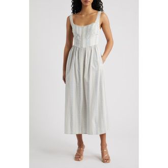 LoveShackFancy Majory Floral Stripe Cotton Dress in Cinched Blue at Nordstrom, Size 12