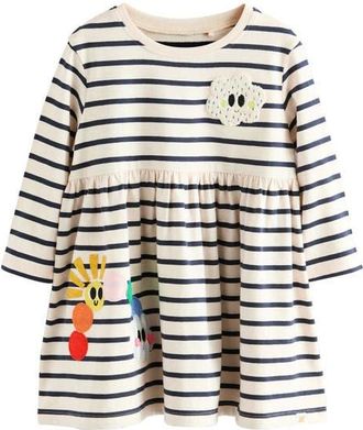 Next Kids Appliqué Stripe Long Sleeve Cotton Dress in Pink at Nordstrom, Size 12-18M