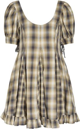 Damson Madder Sabina Checked Cotton Mini Godet Dress - Brown - 10 (UK10 / S)