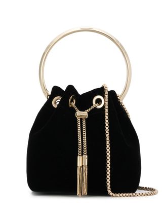 Jimmy Choo London Black Velvet Bucket Bag with Gold-Tone Accents