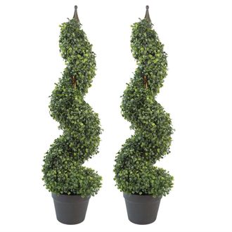 Leaf Pair of 90cm (3ft) Tall Artificial Boxwood Tower Trees Topiary Spiral Metal Top in Green