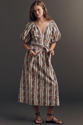 The Great. Fairground Belted Puff-Sleeve Midi Dress