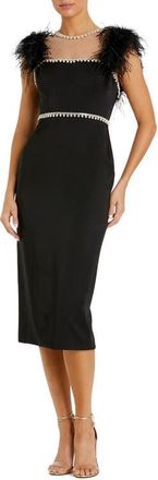 Mac Duggal Feather Cap Sleeve Pearl Embellished Midi Dress in Black at Nordstrom, Size 10