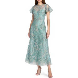 Mac Duggal Floral Embroidered Mesh Flutter Sleeve Ankle Dress in Seafoam at Nordstrom, Size 14