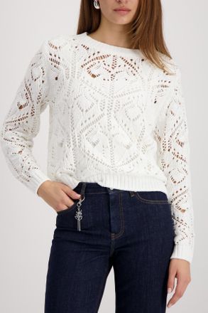 Monari Strickpullover MONARI Ajour, Damen, Gr. 36, off, wei&szlig;, Strick, Obermaterial: 100% Polyester, unifarben, regular fit normal, Rundhals, eingesetzt B&uuml;ndc