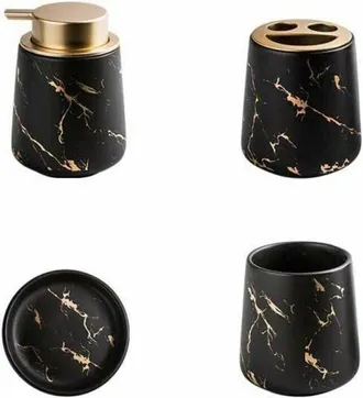 OEM Juego De 4 Accesorios De Ba&ntilde;o De Cer&aacute;mica Con Efecto M&aacute;rmol: Dispensador De Jab&oacute;n, Portacepillos De Dientes, Vaso Y Jabonera. Acabado Negro Mate, 12,5