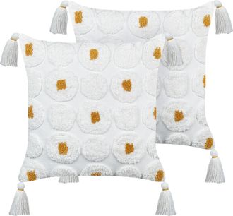 Beliani Beliani - Lote De 2 Cojines Decorativos Fabricados En Algod&oacute;n Con Detalles Amarillos Y Borlas En Color Blanco 45 X 45 Cm Azalia