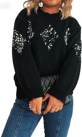 Generic Retro Hollow Out Sequinned Jumper Glitter Diamond Kitted Sweater Pullover for Festive & Party Wear