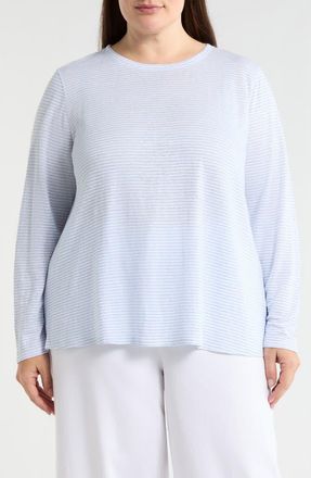 Eileen Fisher Stripe Long Sleeve Organic Linen T-Shirt in Skylight at Nordstrom, Size 1 X