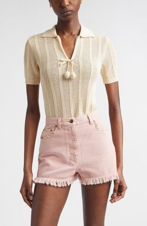 Valentino Cherryfic Open Knit Polo Sweater in Ivory at Nordstrom, Size Xx-Small