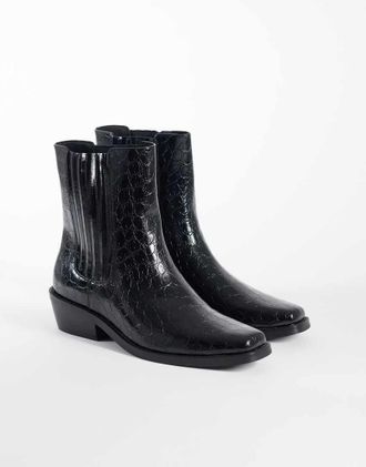 Asos stivaletti Chelsea con tacco cubano e soffietto nascosto neri effetto coccodrillo-Nero
