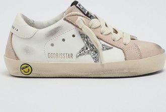 Golden Goose Kids Super-Star Leather Sneakers with Distressed Effect and Glitter Logo
