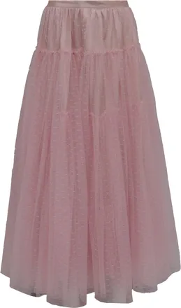 LoveShackFancy Loveshackfancy Swiss Dot Lace Midi Tiered Skirt in Pink Polyester