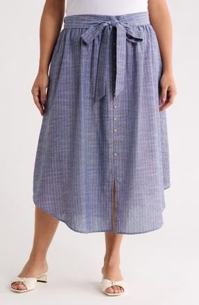 Renee C Stripe Linen Blend Curve Hem Midi Skirt in Denim at Nordstrom Rack, Size 3X
