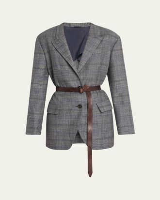 Brunello Cucinelli Belted Wool Prince Of Wales Single-Breasted Blazer Jacket