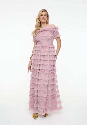 Beauut Ruffle Off-Shoulder Mesh Maxi Dress in Frosted Pink at Nordstrom, Size 2