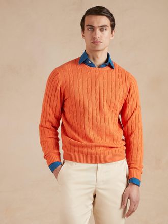 Oliver Brown Cable Knit Cotton Cashmere Crew Neck Jumper - Tangerine Orange