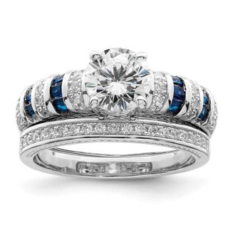 Diamond2Deal Sterling Silver Rhodium-plated Polished Blue & White Cubic Zirconia Band Ring Set