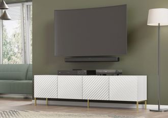AC-D&eacute;co Mueble De Tv Surf 200 Cm 4d Fresado Lacado Blanco Brillo + Patas Doradas