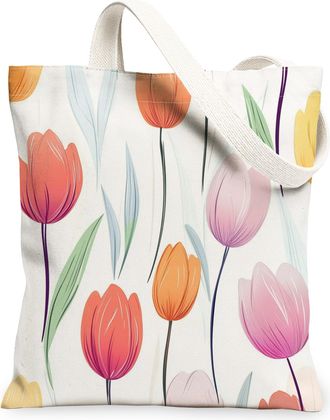 Generic Spring Luxury Tulip Canvas Tote Bag for Shopping 13x15, Cute Floral Wildflower Reusable Grocery Print Pattern Bag for Women, Flower Simple Beach Aesth