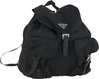 Prada Vela Double Front Pocket Backpack Tessuto With Saffiano Leather Black Nylon Backpack Bag (Pre-Owned)